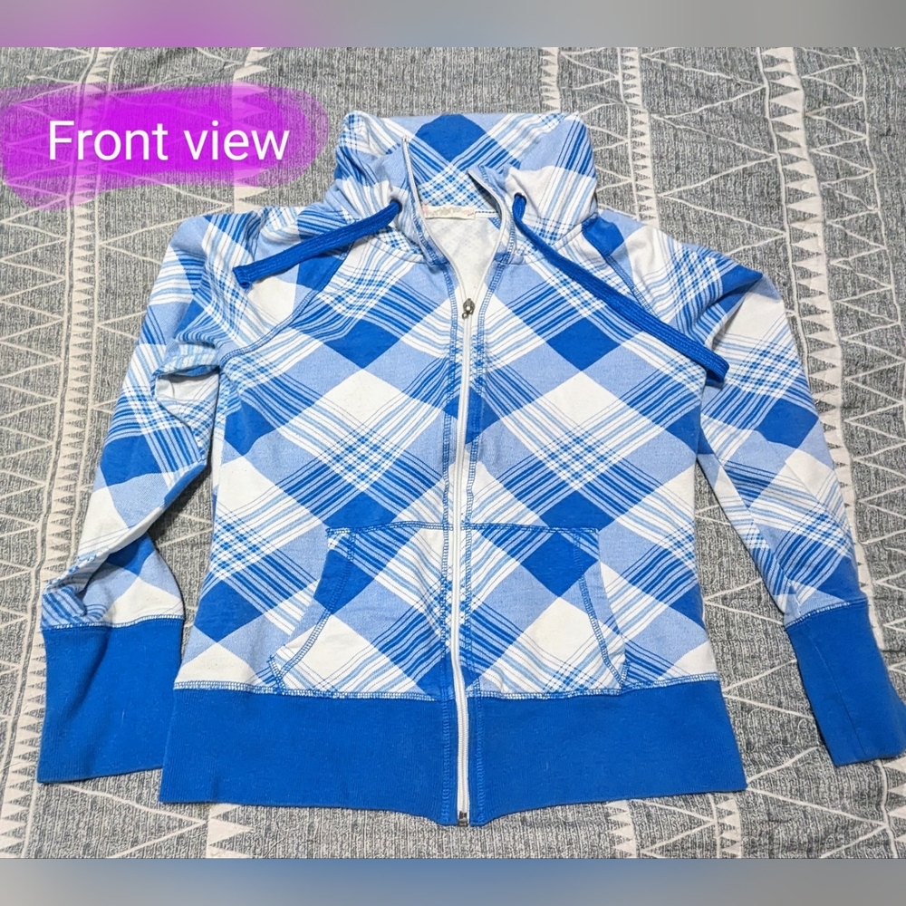 Vintage Ardene blue & white checkered zip up, size med, GUC